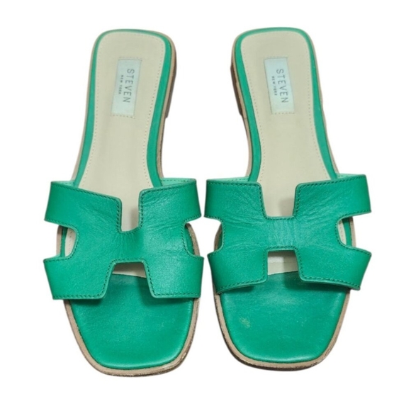 Steven New York Green Leather H Strap Slides Sandals Square Toe Women’s Size 8.5 - Picture 2 of 12